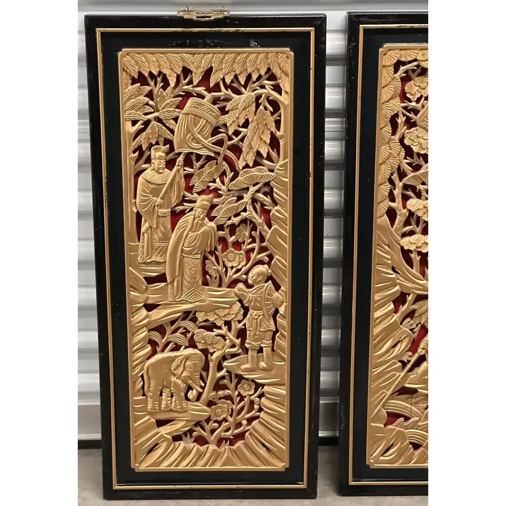 Chinese Gilded Hand-Carved Wood Lacquer Scholars Relief Wall Decor Panel Set